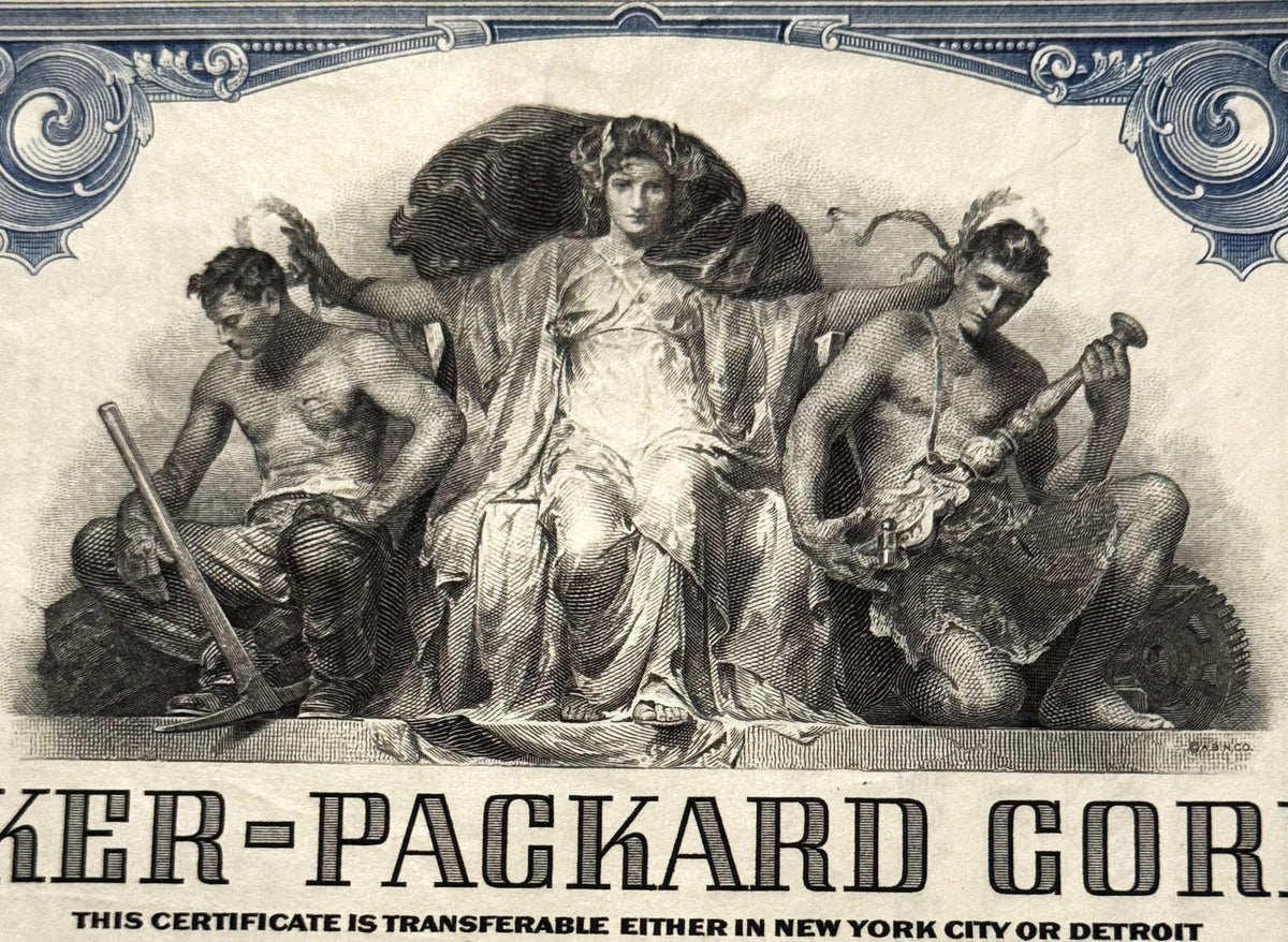 Vintage 1950s Studebaker-Packard Stock Certificate 🚗 Blue, 100 Shares, Detroit Michigan Engraved