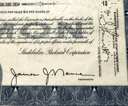 Vintage 1950s Studebaker-Packard Stock Certificate 🚗 Blue, 100 Shares, Detroit Michigan Engraved