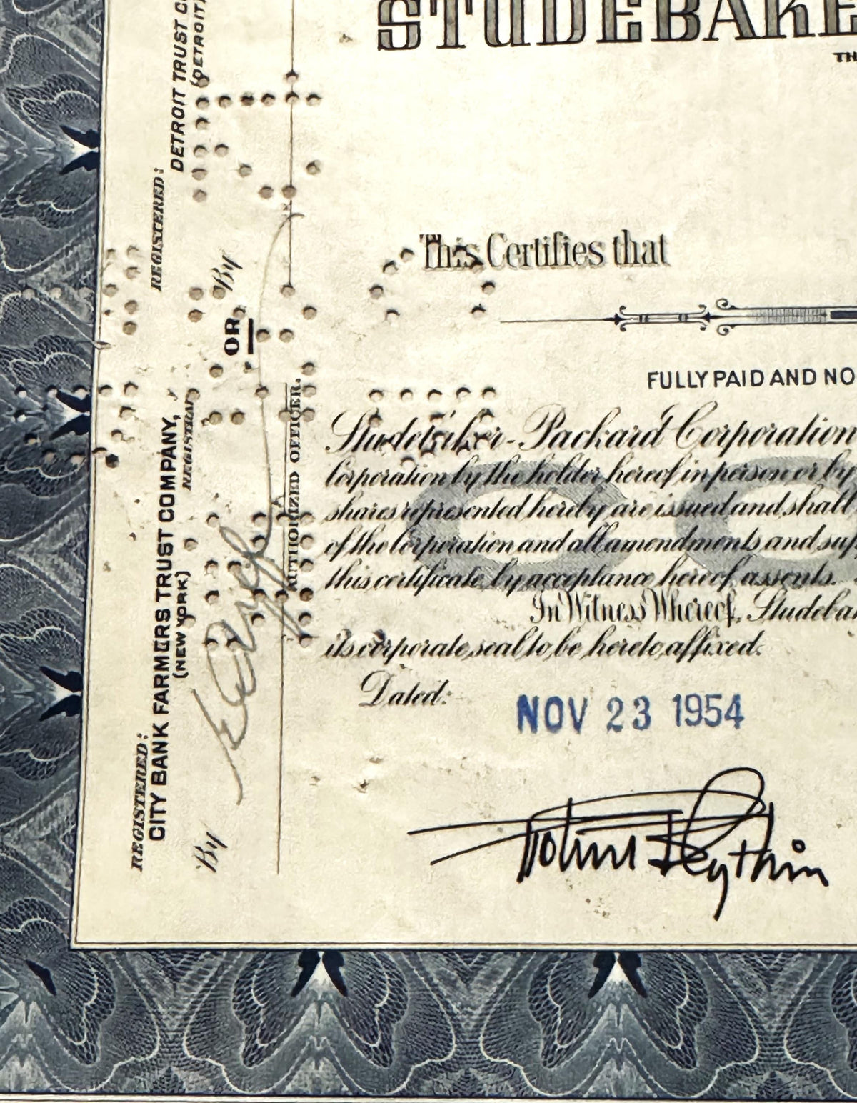 Vintage 1950s Studebaker-Packard Stock Certificate 🚗 Blue, 100 Shares, Detroit Michigan Engraved