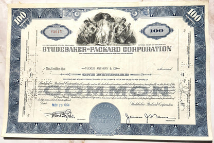 Vintage 1950s Studebaker-Packard Stock Certificate 🚗 Blue, 100 Shares, Detroit Michigan Engraved
