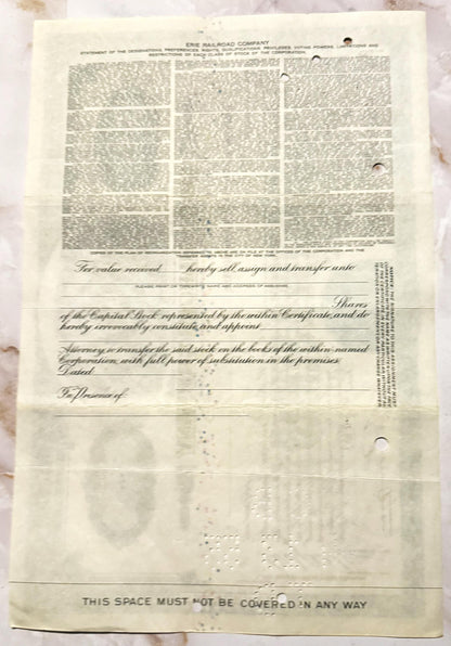 Antique 1940s 1950s Erie Railroad Stock Certificate Blue Preferred Clean Vignette No Hole Punches NY Scripophily 📜
