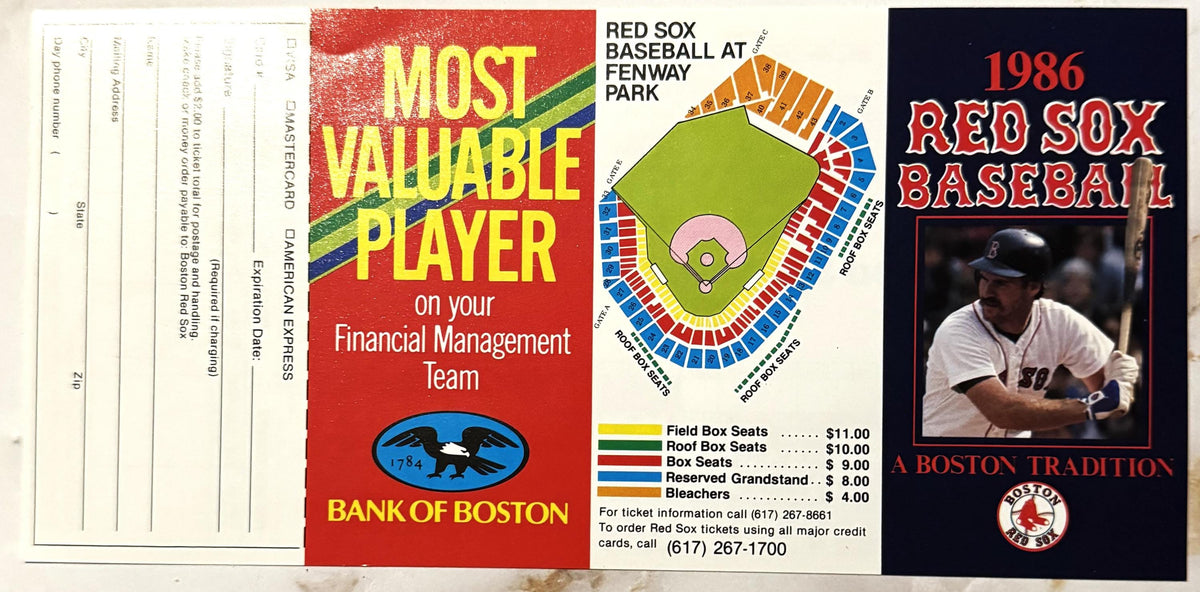Vintage 1986 Wade Boggs Boston Red Sox Schedule Ticket Order Form Bank of Boston ⚾