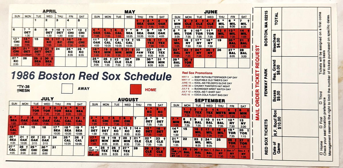 Vintage 1986 Wade Boggs Boston Red Sox Schedule Ticket Order Form Bank of Boston ⚾