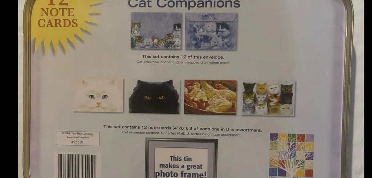 Persis Clayton Weirs Cat Companions Tin 🃏 Tree-Free Greetings 2004 Photo Frame Keepsake, New Hampshire Kenaf Paper Cat Note Card Caddy