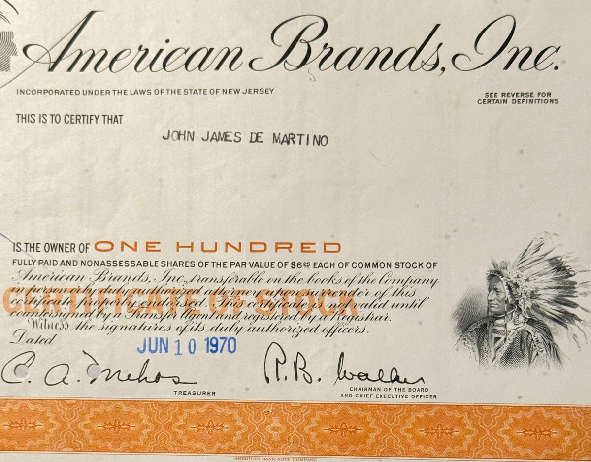 Vintage 1960s - 1970s American Brands Stock Certificate with Native American Art
