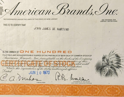 Vintage 1960s - 1970s American Brands Stock Certificate with Native American Art