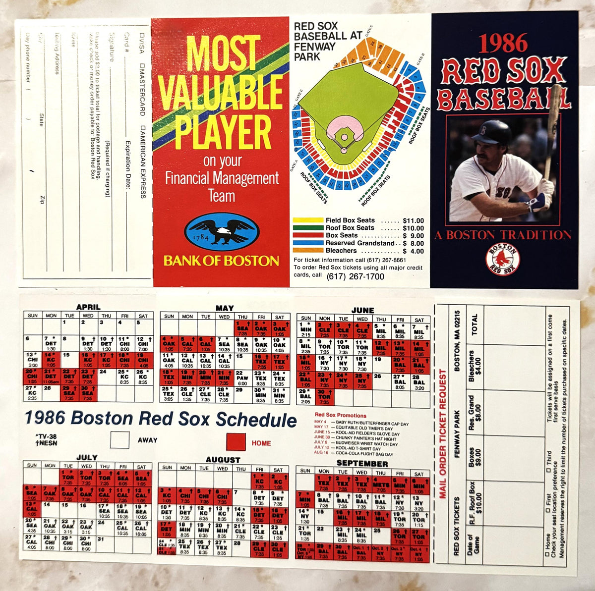 Vintage 1986 Wade Boggs Boston Red Sox Schedule Ticket Order Form Bank of Boston ⚾