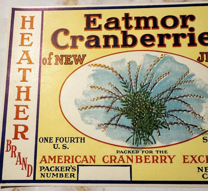 Rare Antique Vintage 1920s Heather Eatmor Cranberries Barrel Label, NY, NJ, CHI ✨