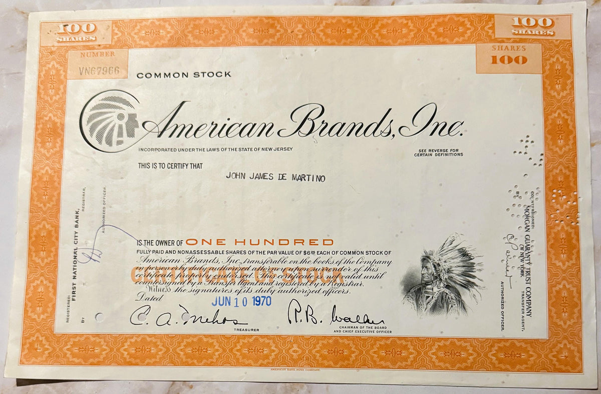 Vintage 1960s - 1970s American Brands Stock Certificate with Native American Art
