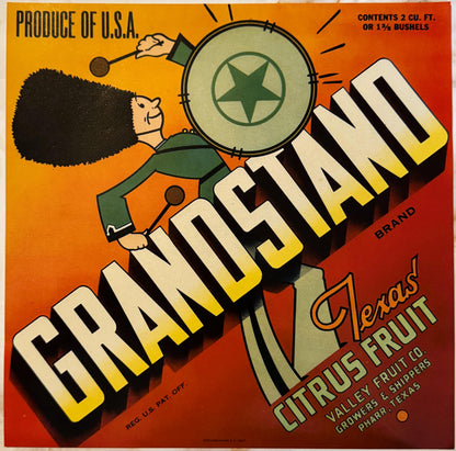 Vintage 1940s Grandstand Brand Texas Citrus Fruit Crate Label 🥁 — Valley Fruit Co., Pharr TX — Stecher-Traung Litho, Marching Band Art
