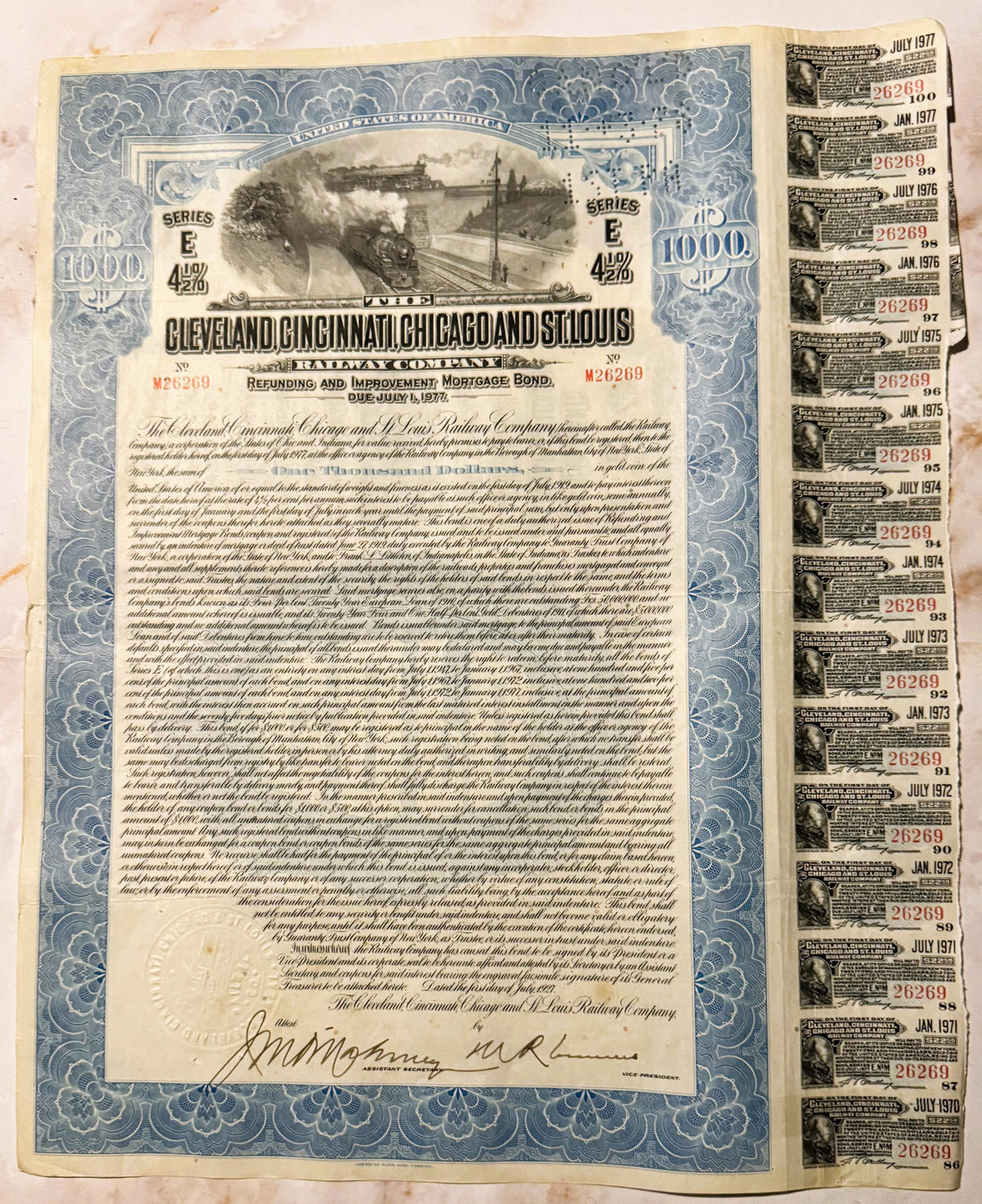 Antique 1927 Big Four Railroad Bond 🚂 Cleveland Cincinnati Chicago St Louis Railway $1000