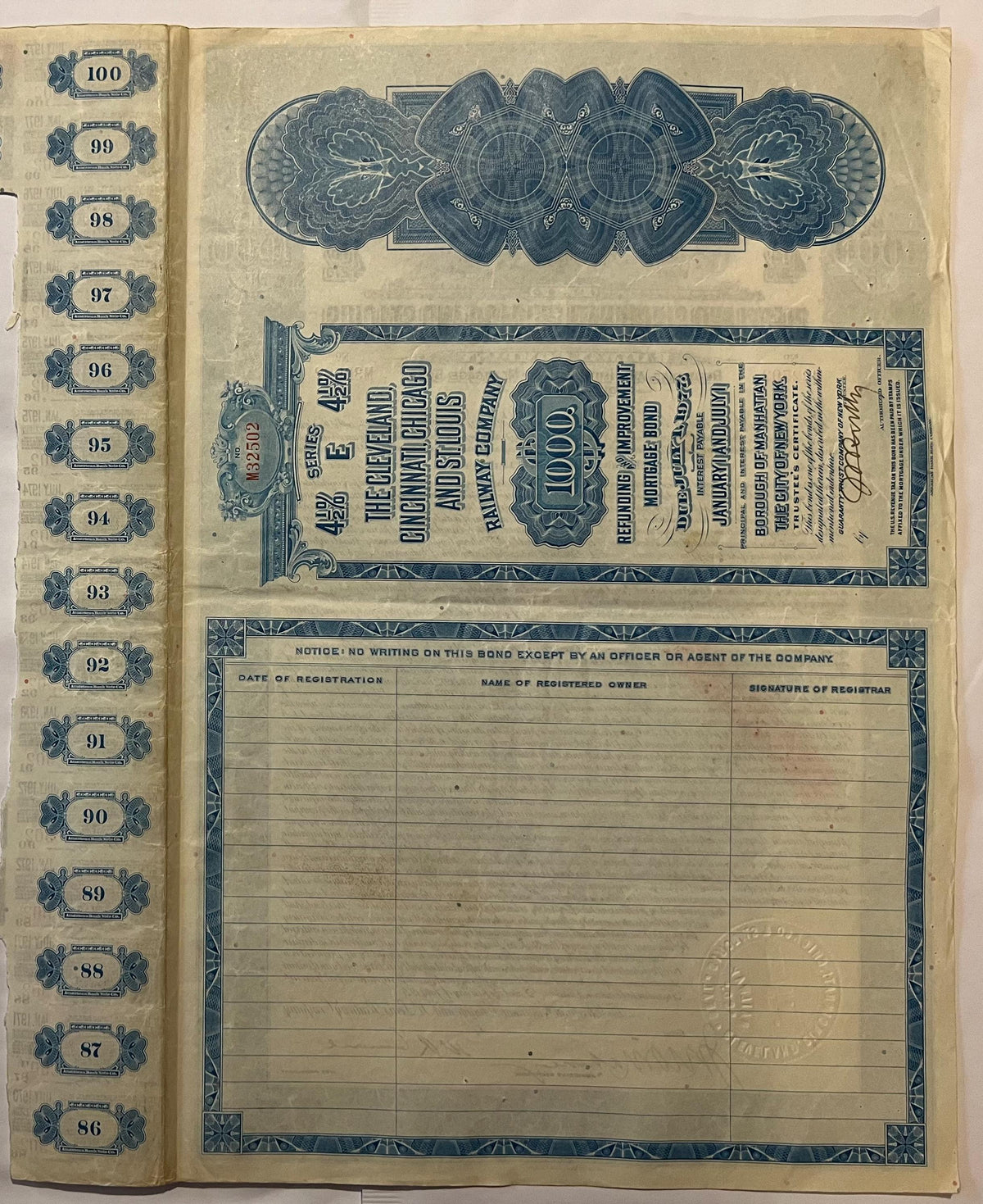 Antique 1927 Big Four Railroad Bond 🚂 Cleveland Cincinnati Chicago St Louis Railway $1000