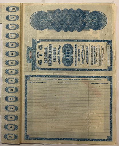 Antique 1927 Big Four Railroad Bond 🚂 Cleveland Cincinnati Chicago St Louis Railway $1000