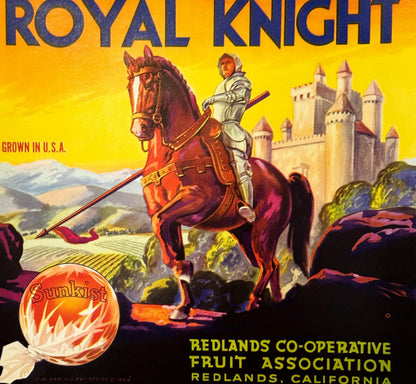 Vintage 1940s Royal Knight Sunkist Citrus Crate Label 🍊 — Redlands Co-operative Fruit Association, Redlands CA — Knight & Castle