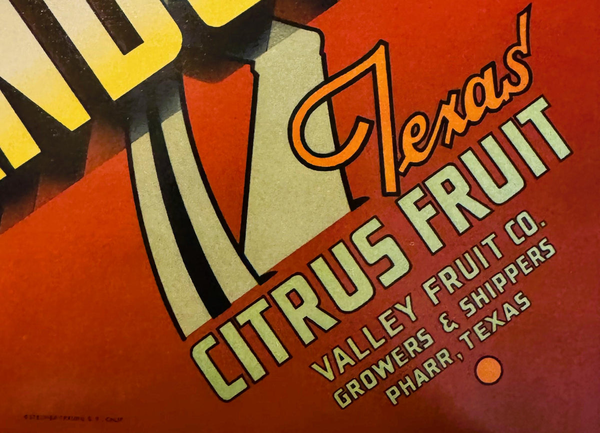 Vintage 1940s Grandstand Brand Texas Citrus Fruit Crate Label 🥁 — Valley Fruit Co., Pharr TX — Stecher-Traung Litho, Marching Band Art