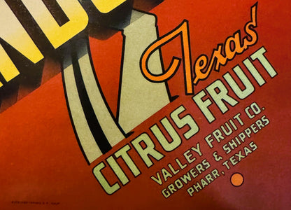 Vintage 1940s Grandstand Brand Texas Citrus Fruit Crate Label 🥁 — Valley Fruit Co., Pharr TX — Stecher-Traung Litho, Marching Band Art