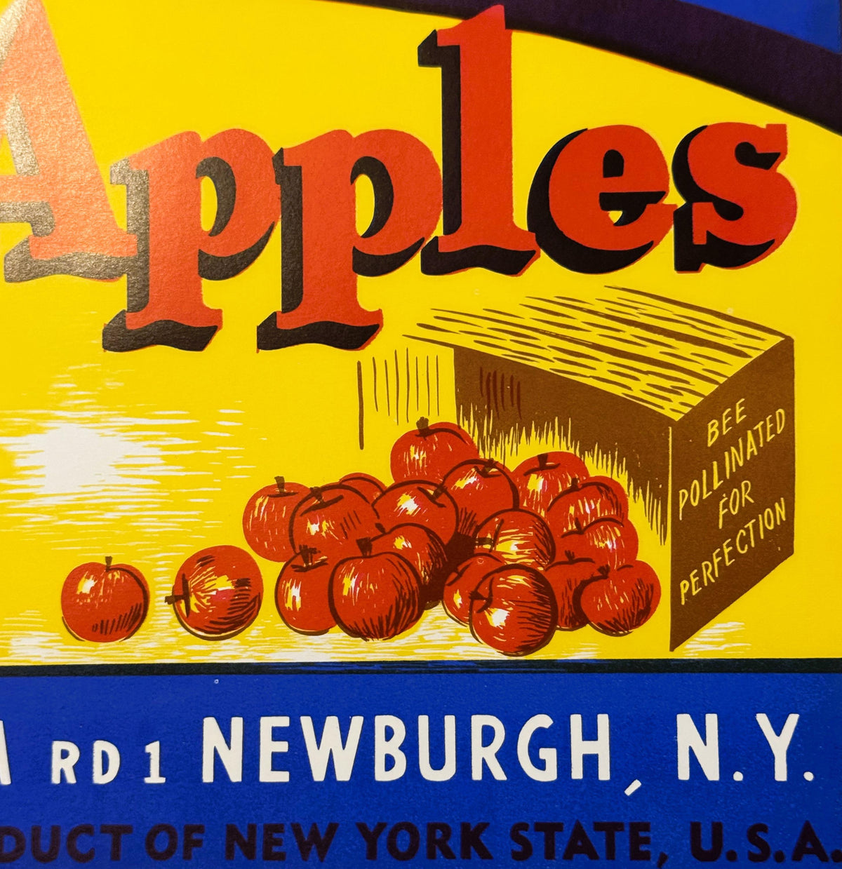 Vintage 1940s Happy Bee Brand Apples Crate Label 🐝 — Packed by Oliver Cosman, Mt. Airy Fruit Farm, Newburgh NY