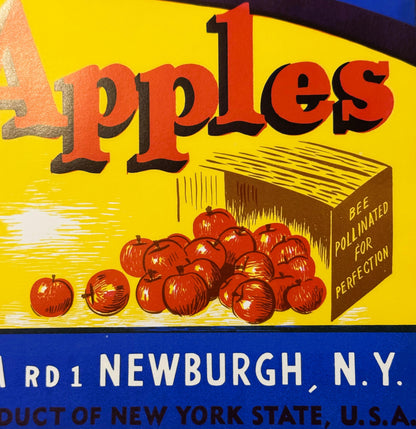 Vintage 1940s Happy Bee Brand Apples Crate Label 🐝 — Packed by Oliver Cosman, Mt. Airy Fruit Farm, Newburgh NY