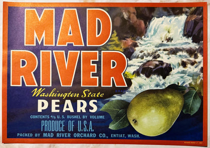 Vintage 1950s Mad River Pears Crate Label - Washington Memorabilia 🍎
