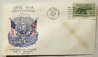 Vintage 1961 Civil War Centennial Series Jefferson Davis Stamped Envelope, Fort ✉️