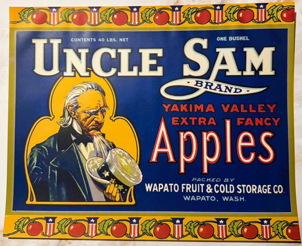 Antique 1920s Uncle Sam Brand Yakima Valley Apples Crate Label — Wapato Fruit & Cold Storage Co., Wapato WA