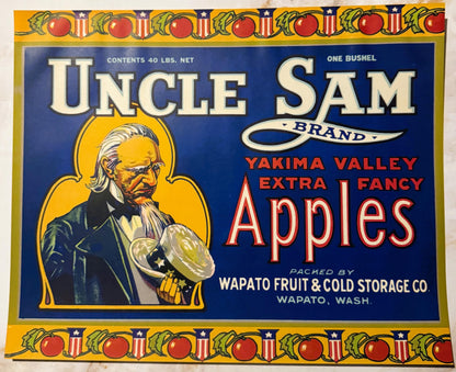 Antique 1920s Uncle Sam Brand Yakima Valley Apples Crate Label — Wapato Fruit & Cold Storage Co., Wapato WA