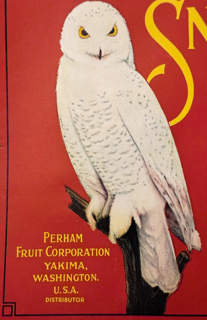 Antique 1930s Snow Owl Brand Apples Crate Label Perham Fruit Corporation, Yakima WA — Blue / Red Available