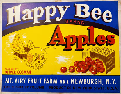 Vintage 1940s Happy Bee Brand Apples Crate Label 🐝 — Packed by Oliver Cosman, Mt. Airy Fruit Farm, Newburgh NY