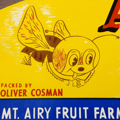 Vintage 1940s Happy Bee Brand Apples Crate Label 🐝 — Packed by Oliver Cosman, Mt. Airy Fruit Farm, Newburgh NY
