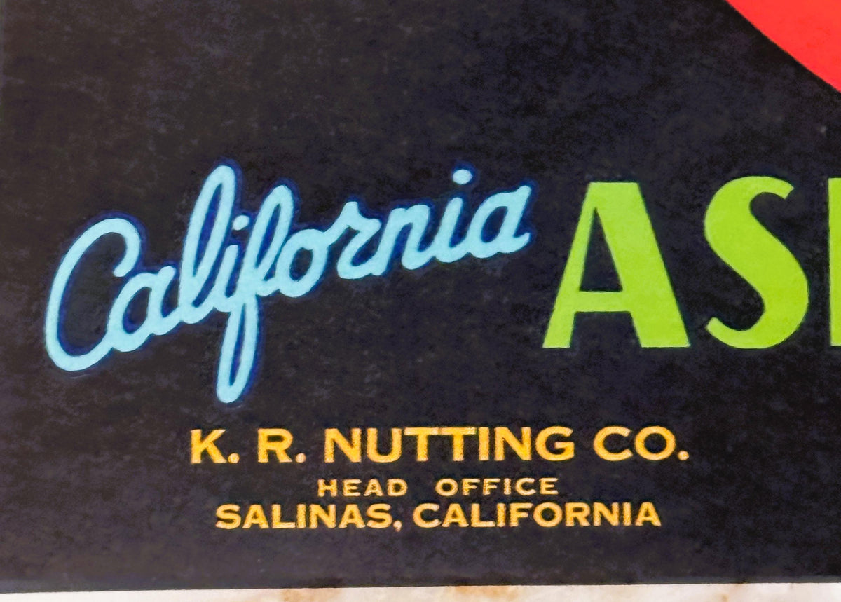 Vintage 1940s King o' Hearts California Asparagus Crate Label — K. R. Nutting Co., Salinas CA