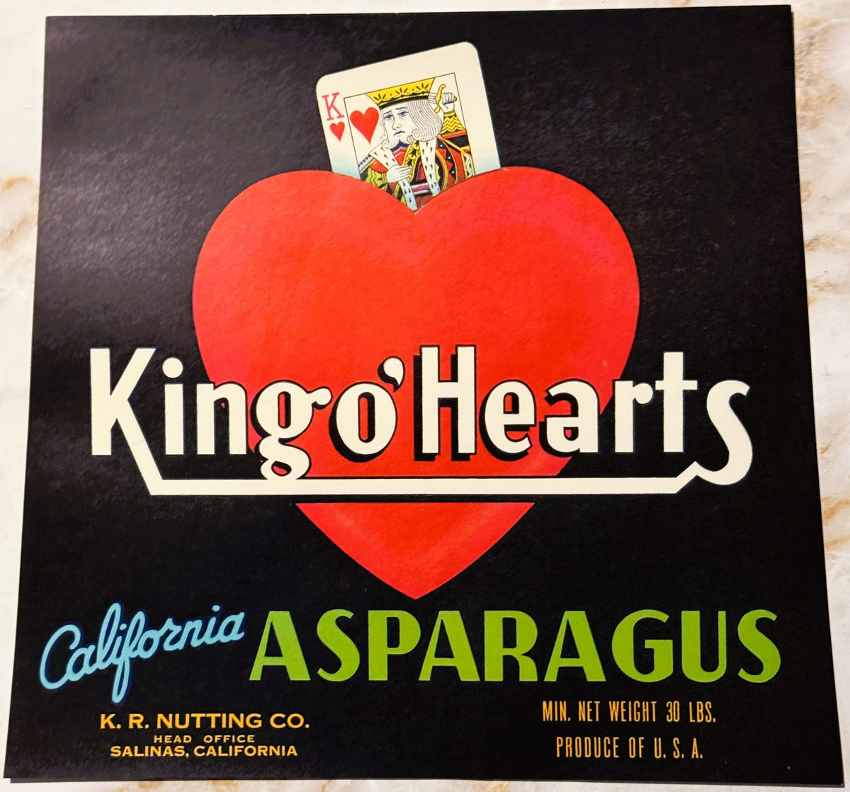 Vintage 1940s King o' Hearts California Asparagus Crate Label — K. R. Nutting Co., Salinas CA