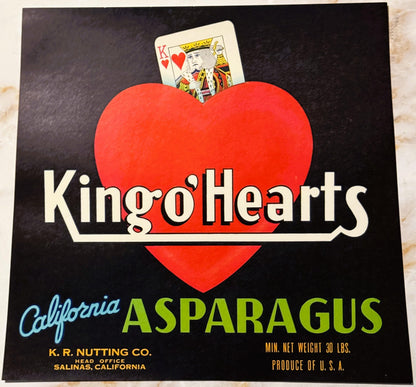 Vintage 1940s King o' Hearts California Asparagus Crate Label — K. R. Nutting Co., Salinas CA