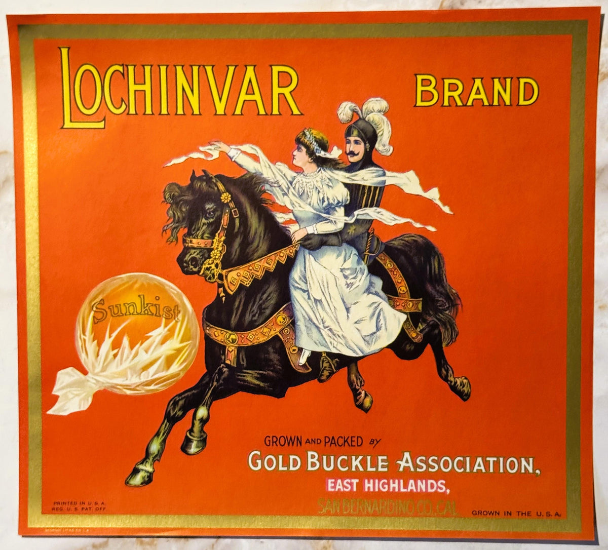 Antique 1920s Lochinvar Brand Sunkist Crate Label — Gold Buckle Association, East Highlands, San Bernardino Co., California