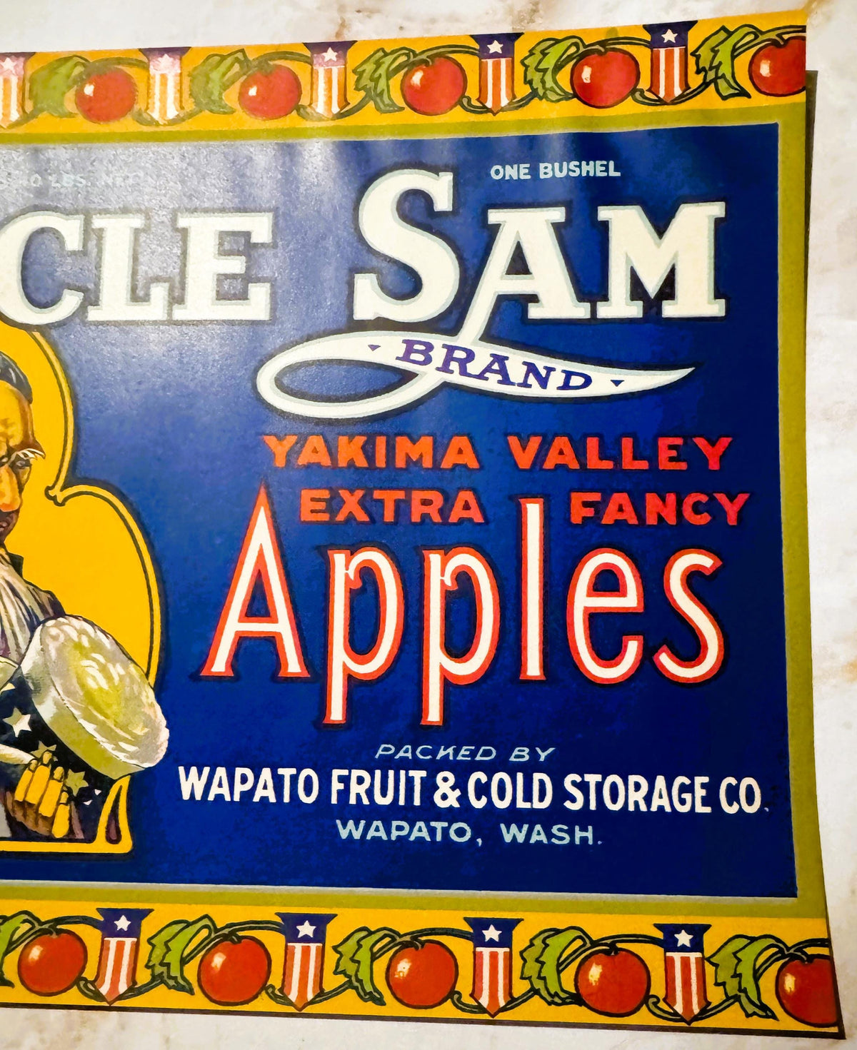 Antique 1920s Uncle Sam Brand Yakima Valley Apples Crate Label — Wapato Fruit & Cold Storage Co., Wapato WA