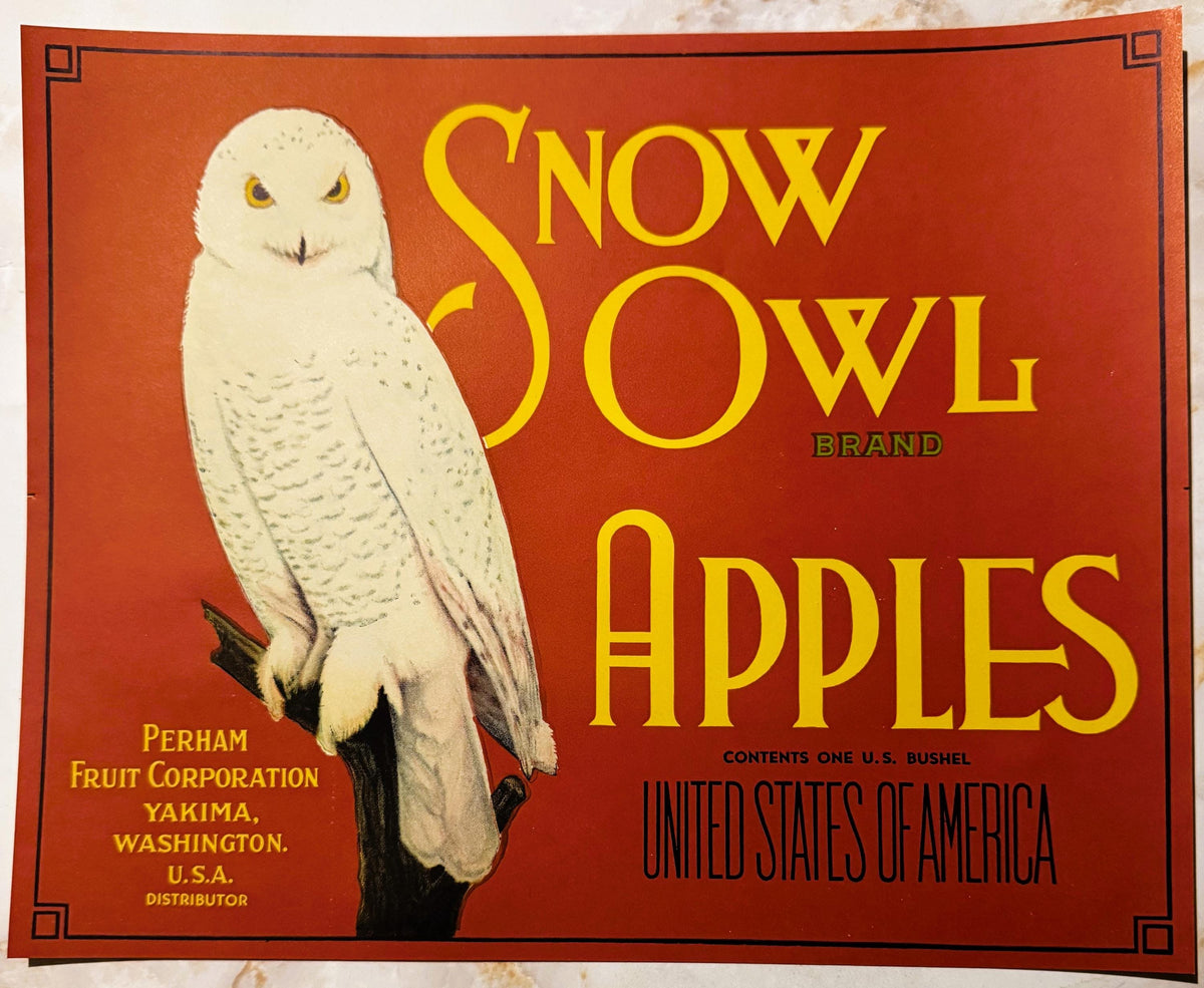 Antique 1930s Snow Owl Brand Apples Crate Label Perham Fruit Corporation, Yakima WA — Blue / Red Available
