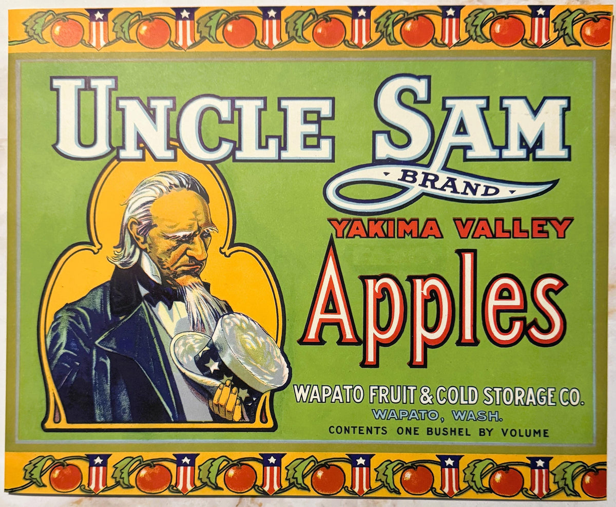 Antique 1920s Uncle Sam Brand Yakima Valley Apples Crate Label — Wapato Fruit & Cold Storage Co., Wapato WA