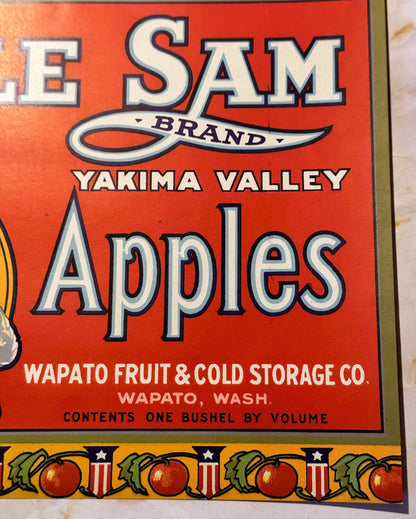 Antique 1920s Uncle Sam Brand Yakima Valley Apples Crate Label — Wapato Fruit & Cold Storage Co., Wapato WA