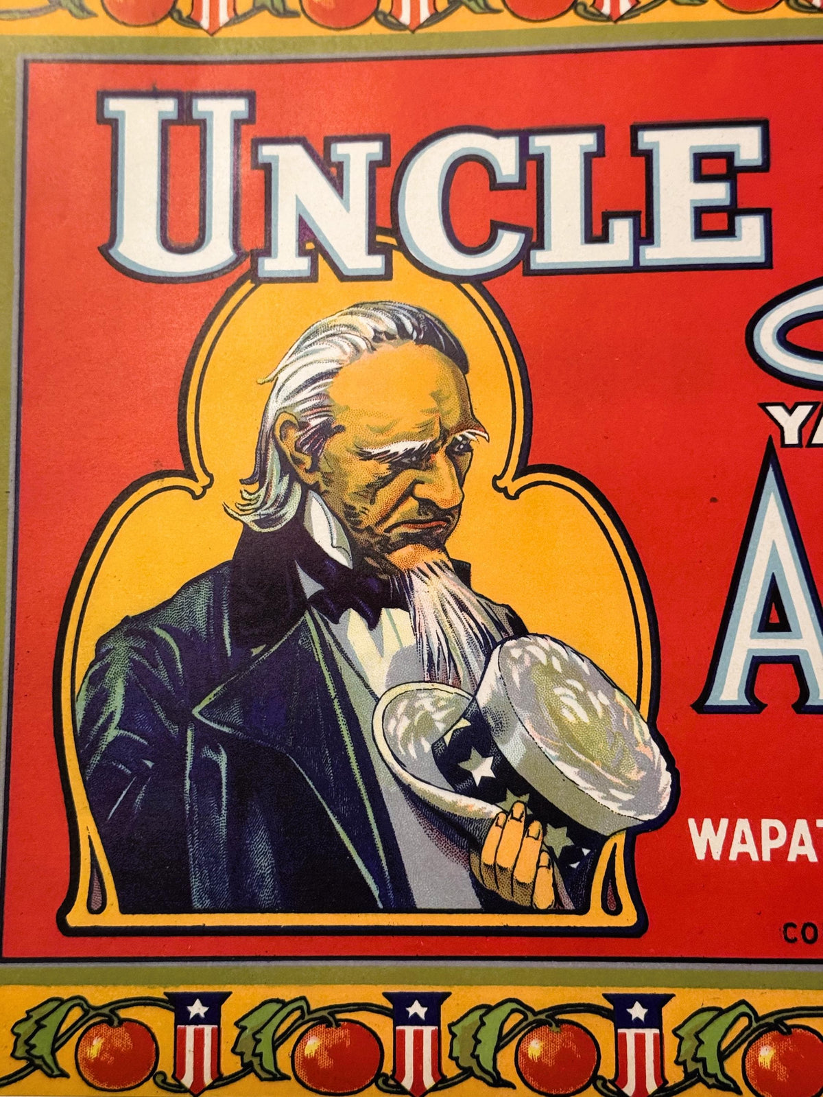 Antique 1920s Uncle Sam Brand Yakima Valley Apples Crate Label — Wapato Fruit & Cold Storage Co., Wapato WA
