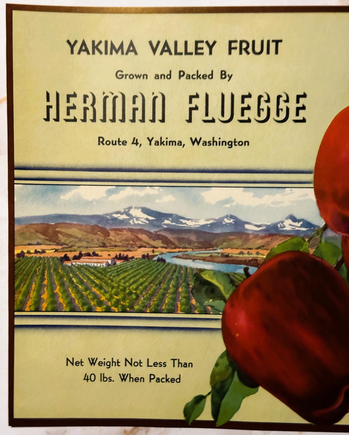 Vintage 1940s Yakima Valley Fruit Crate Label — Grown and Packed By Herman Fluegge, Route 4 Yakima WA