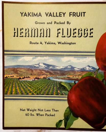 Vintage 1940s Yakima Valley Fruit Crate Label — Grown and Packed By Herman Fluegge, Route 4 Yakima WA