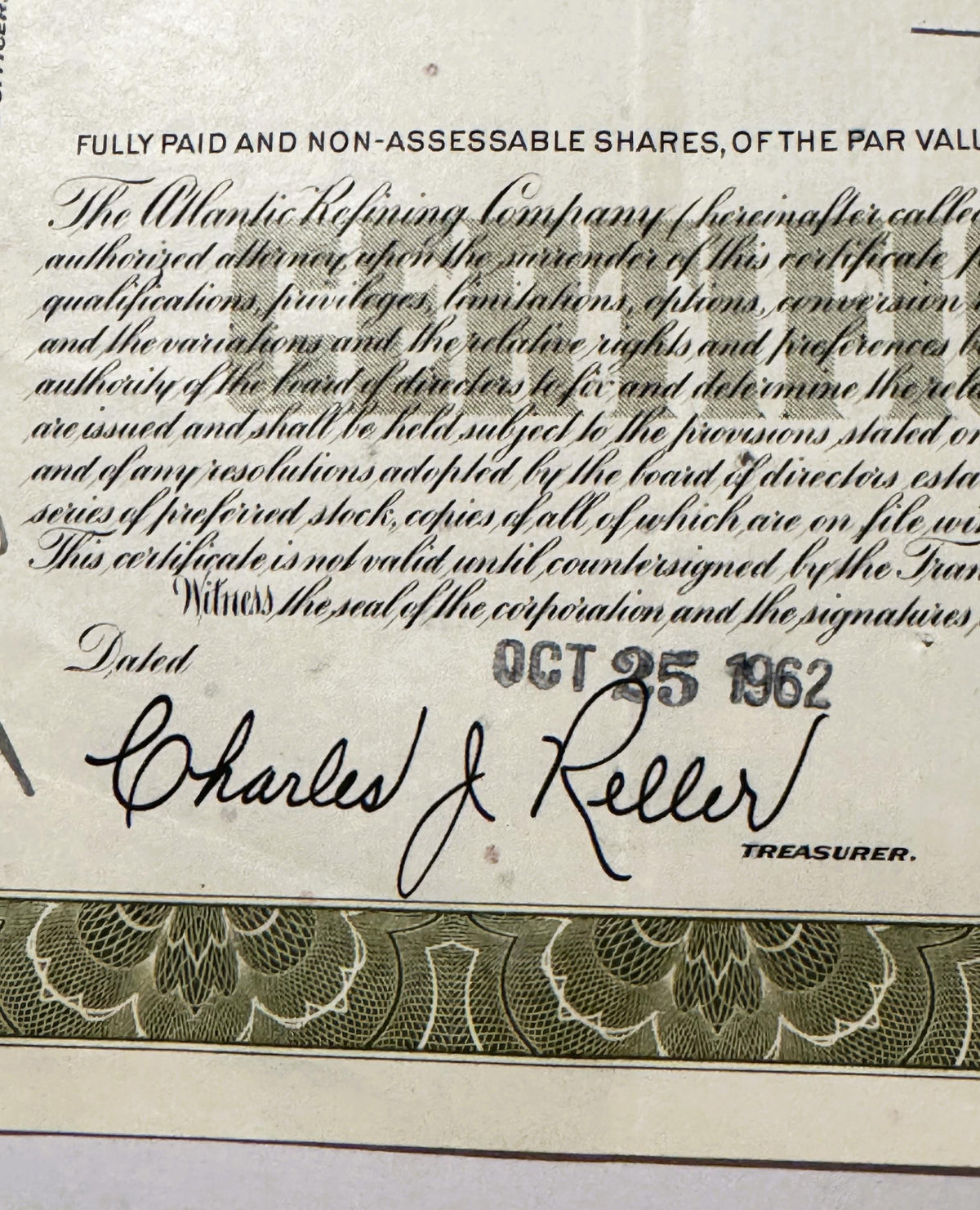 Vintage Atlantic Refining Company Stock Certificate from the 1950s - 1960s