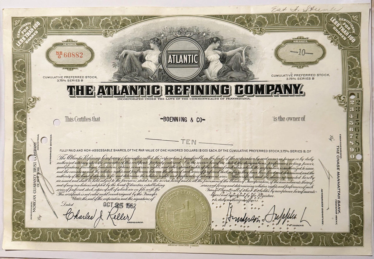 Vintage Atlantic Refining Company Stock Certificate from the 1950s - 1960s