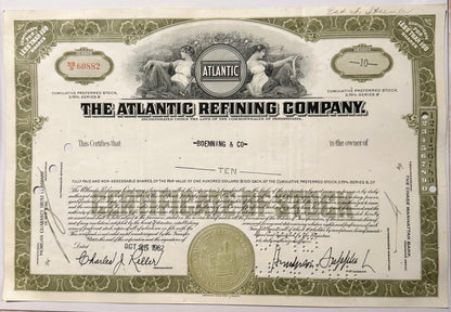 Vintage Atlantic Refining Company Stock Certificate from the 1950s - 1960s