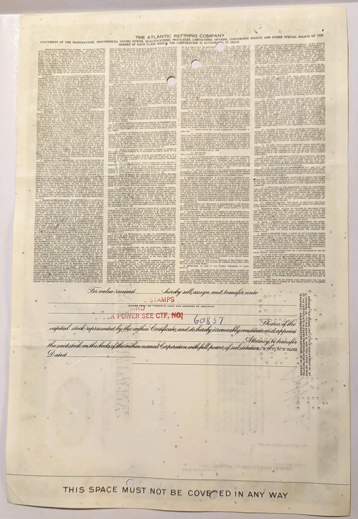 Vintage Atlantic Refining Company Stock Certificate from the 1950s - 1960s