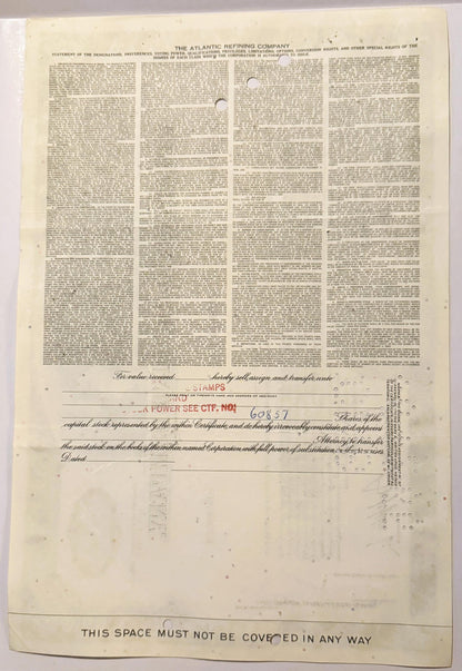 Vintage Atlantic Refining Company Stock Certificate from the 1950s - 1960s