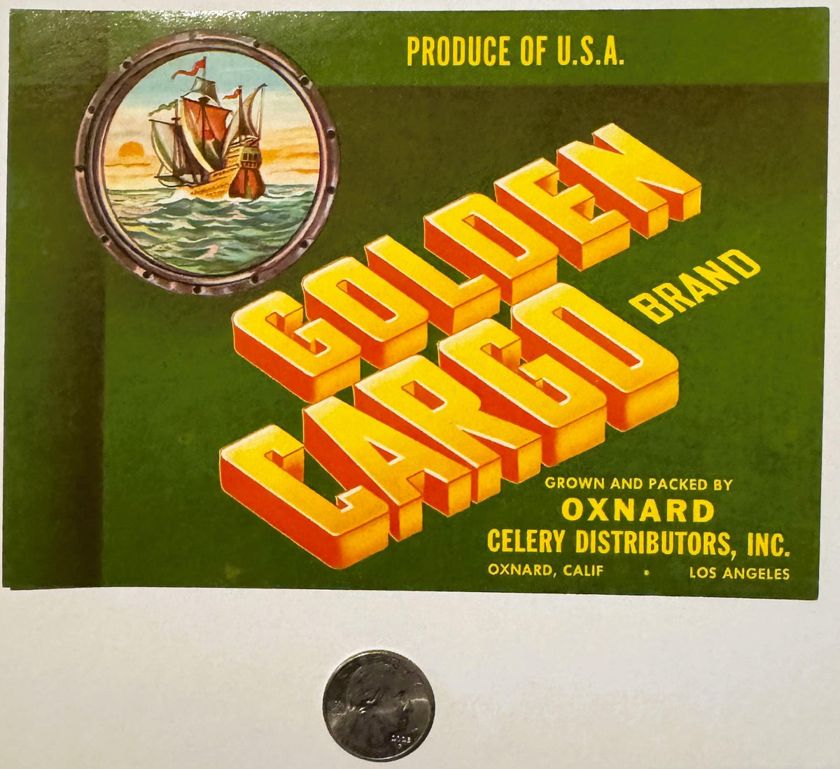 Vintage 1970s Golden Cargo Celery Crate Label 🚢 Oxnard, Los Angeles CA, Nautical Ship Design