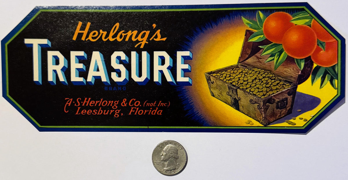 Antique 1930s Herlong's Treasure Crate Label 🍎 Leesburg, FL, Pirate Chest Decor!
