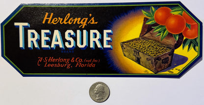 Antique 1930s Herlong's Treasure Crate Label 🍎 Leesburg, FL, Pirate Chest Decor!