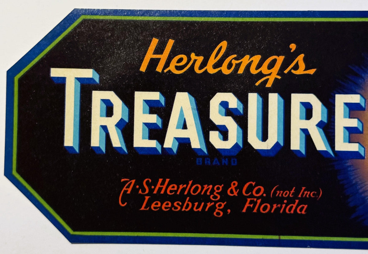 Antique 1930s Herlong's Treasure Crate Label 🍎 Leesburg, FL, Pirate Chest Decor!