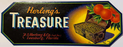 Antique 1930s Herlong's Treasure Crate Label 🍎 Leesburg, FL, Pirate Chest Decor!